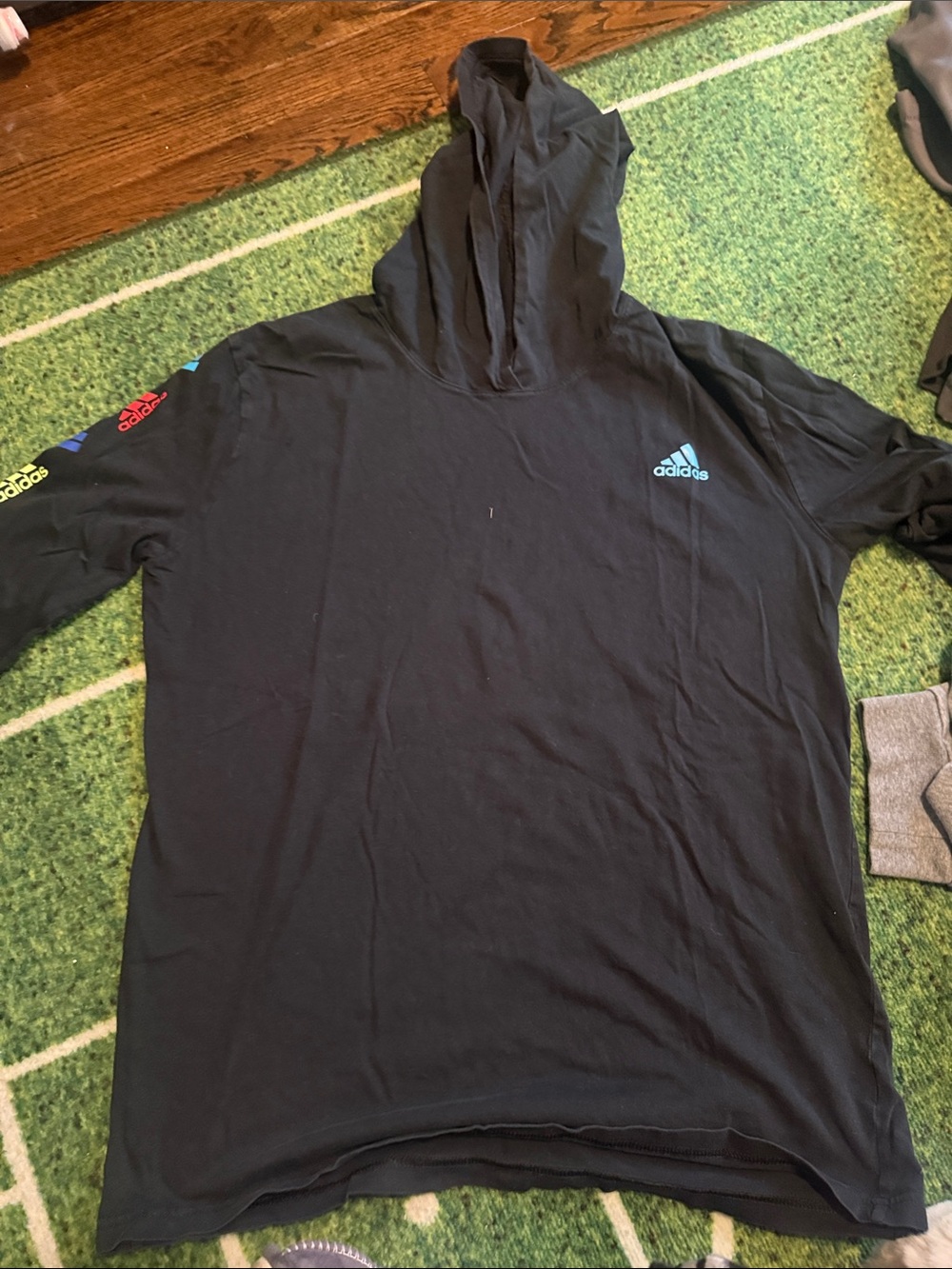 adidas Black Hoodie tee  with Blue Logo and Multicolor Sleeve Accents